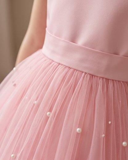 Size chart for girls pink pearl tulle flower girl dress sizes 5Y to 13Y