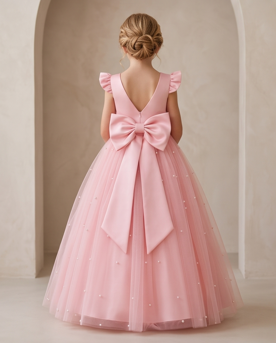 Girl wearing pink pearl tulle flower girl dress elegant pose indoors