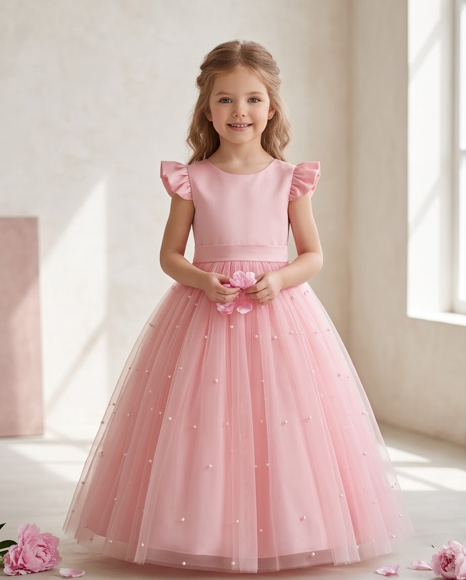 Close-up of pearl detail on pink tulle skirt flower girl dress
