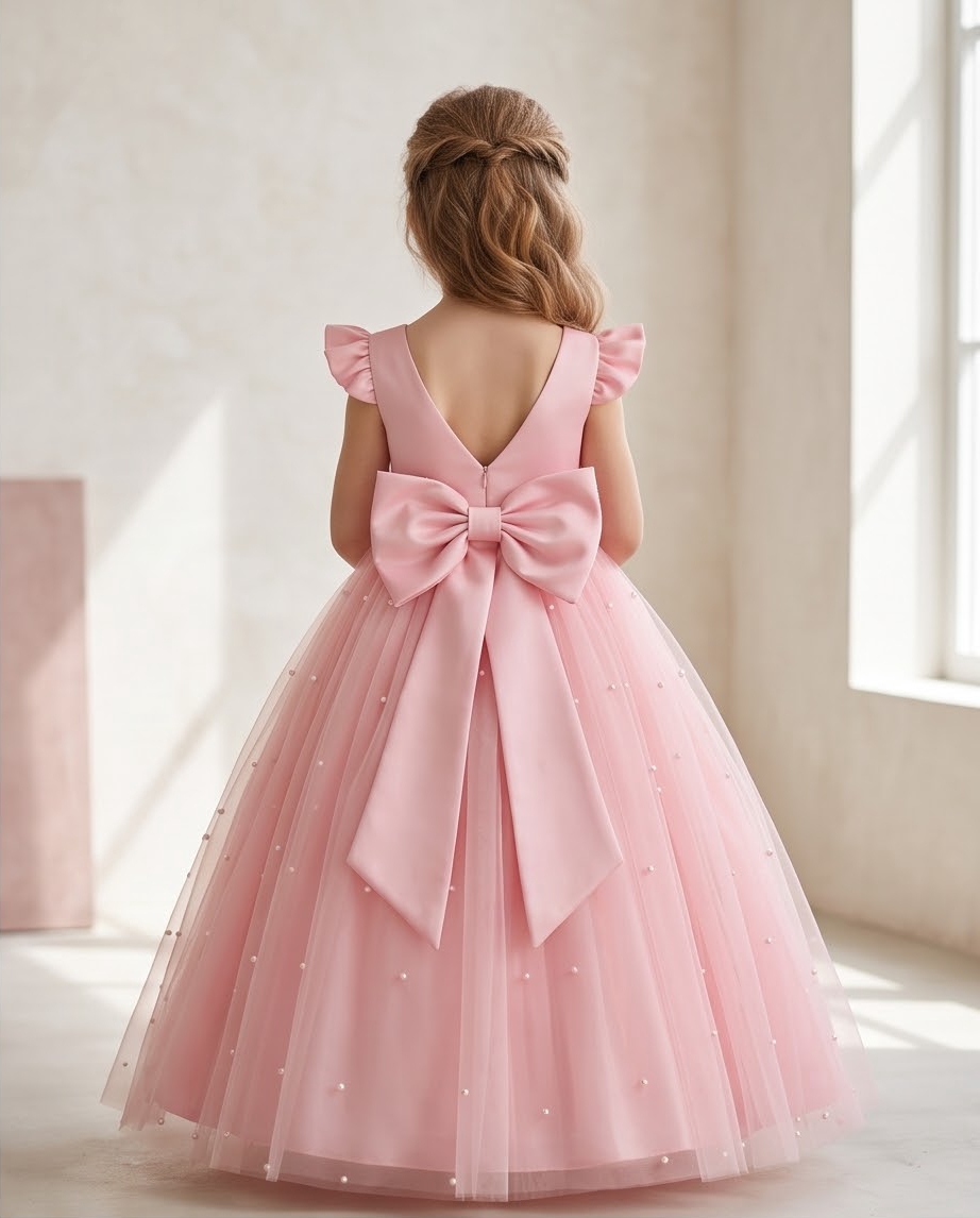 Girl wearing pink pearl tulle flower girl dress back view showing V-back and satin bow