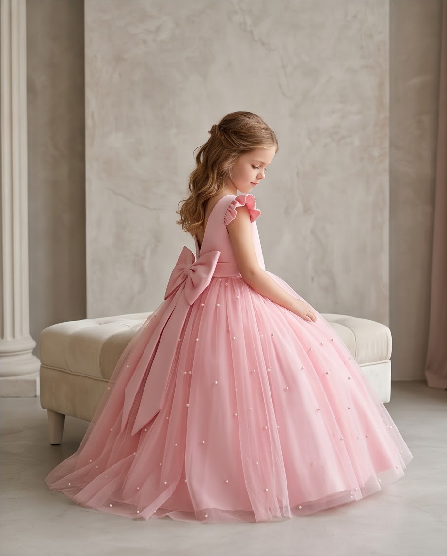 Girl wearing pink pearl tulle flower girl dress with V-back satin bow front view indoors