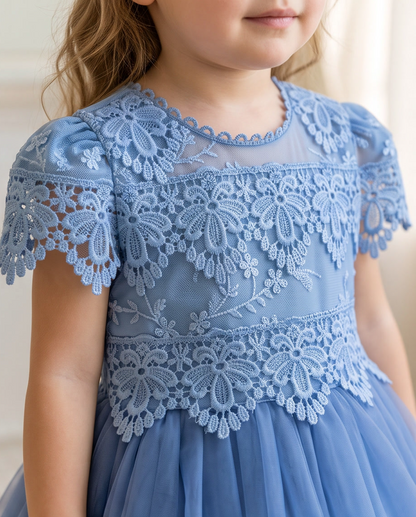 Dusty blue lace dress detail shot on hanger