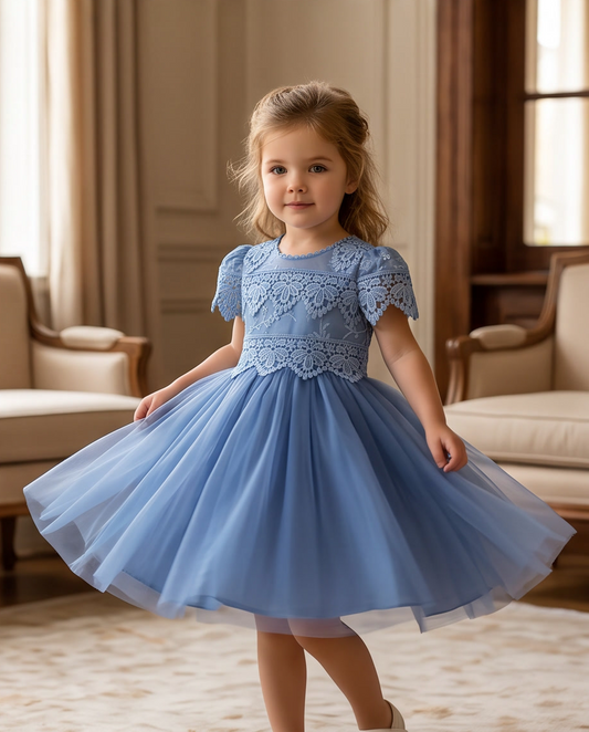 Girls dusty blue lace dress back view with embroidered bodice