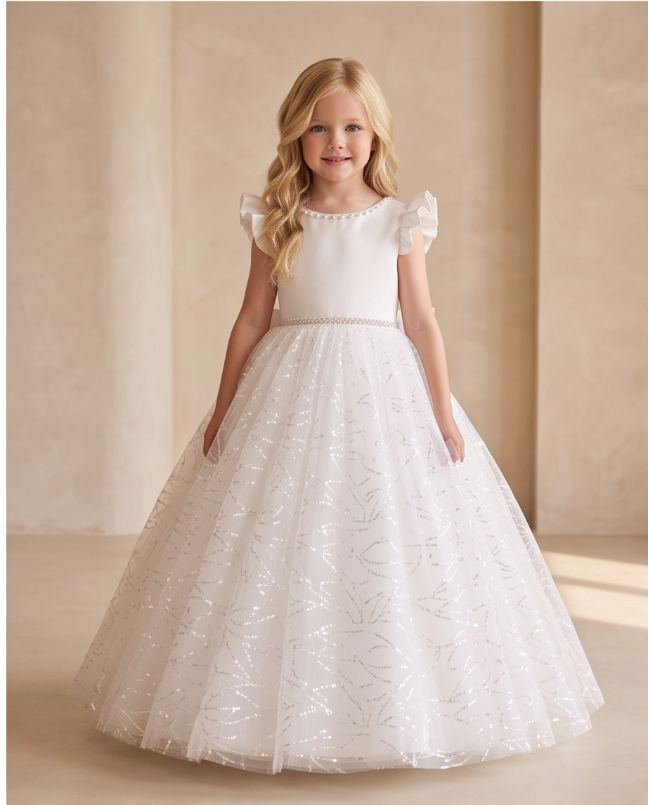 Girl smiling wearing white glitter tulle ball gown full length front view indoors