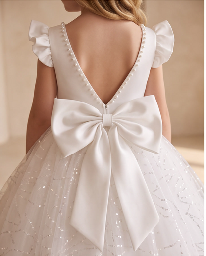 Full length back view of white glitter tulle ball gown with flutter sleeves and oversized satin bow