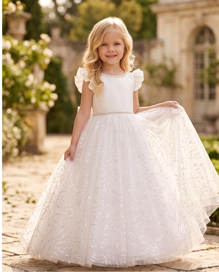 Girl wearing white pearl trim glitter tulle ball gown back view showing bow and sparkle skirt