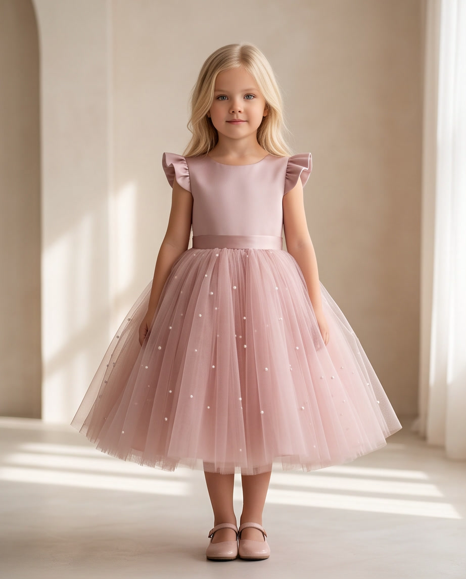 Toddler girl smiling sitting on pink velvet chair wearing blush pink pearl tulle dress