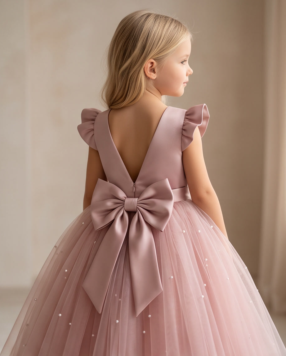 Girl wearing blush pink pearl tulle dress full length front view indoors