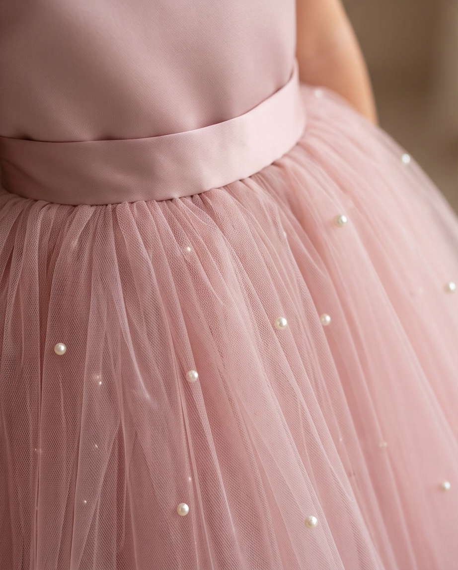 Girl wearing blush pink satin dress with flutter sleeves back view showing V-back bow