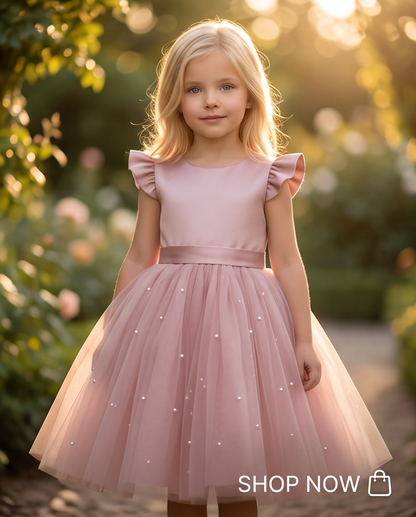 Close-up of pearl-scattered blush pink tulle skirt with satin waistband