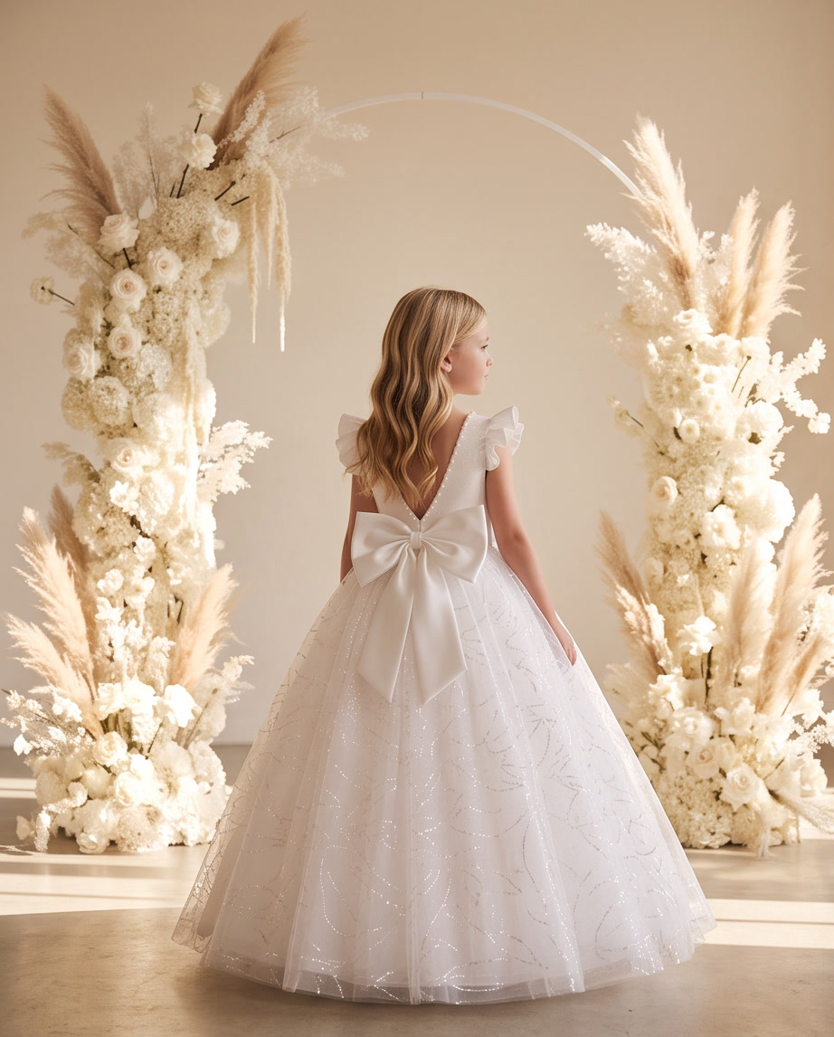 Girl wearing white glitter tulle ball gown with flutter sleeves full length front view smiling outdoors