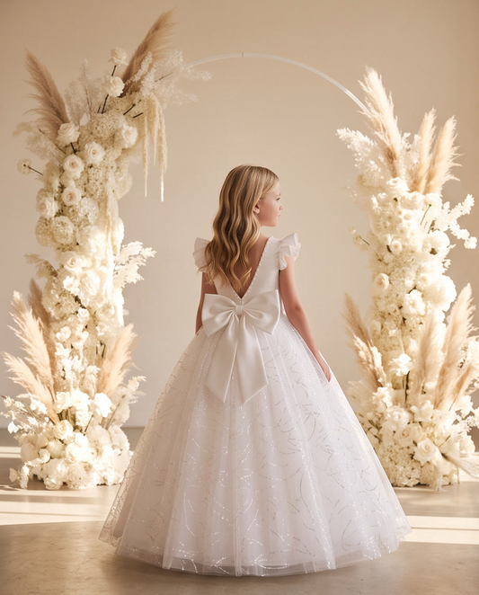 Girl wearing white glitter tulle ball gown with flutter sleeves full length front view smiling outdoors