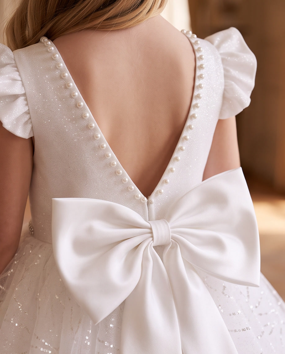 Girl wearing white glitter tulle ball gown full length front view indoors with pearl neckline