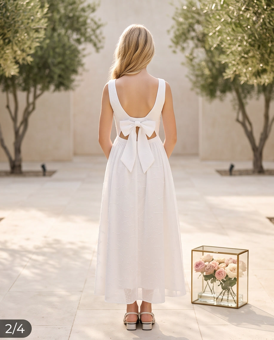 Girls white embroidered dress in garden setting