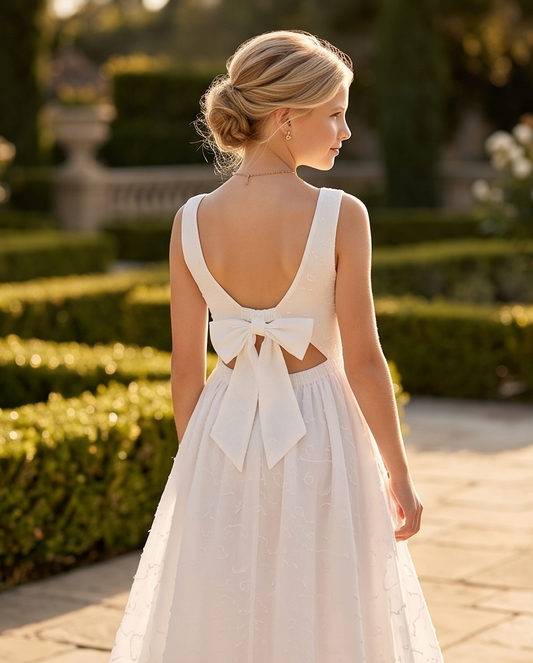 Girls white embroidered dress open V-back with bow