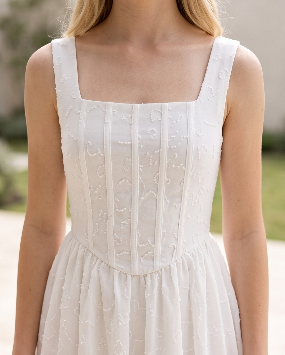 Girls white embroidered dress detail shot