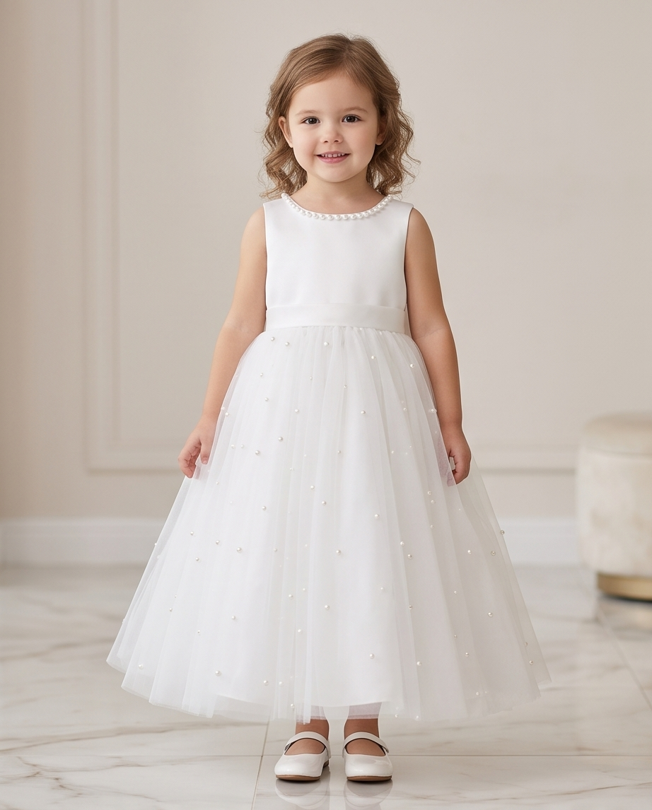 Girl wearing white pearl tulle dress full length back view showing bow detail
