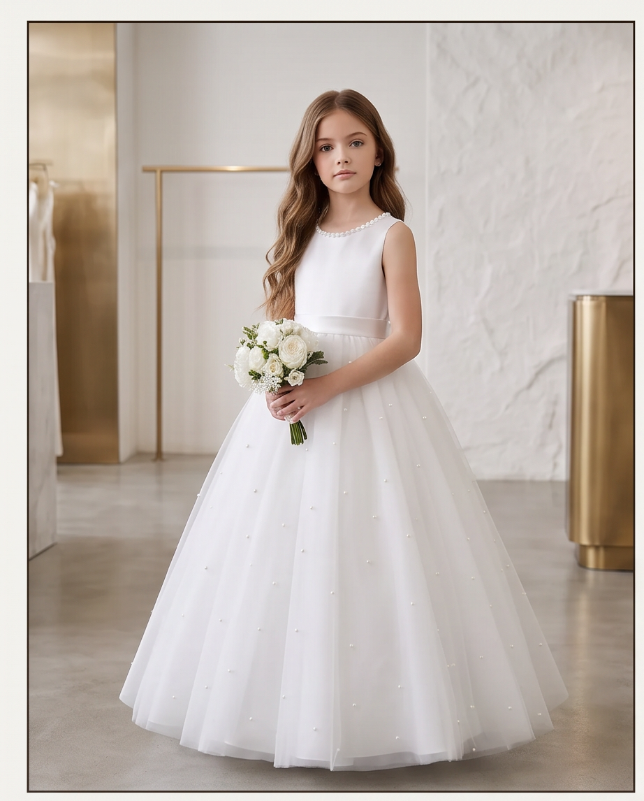 Young girl smiling wearing white pearl tulle dress full length front view