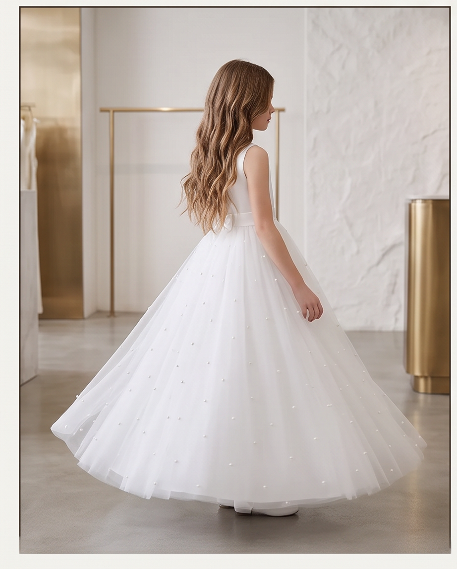 Back view of white pearl tulle dress showing V-back and large satin bow