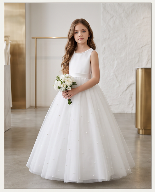 Close-up of pearl-trimmed neckline on white satin bodice communion dress