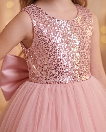 Girls Rose Gold Sequin Bodice Flower Girl Dress with Satin Bow & Tulle Skirt