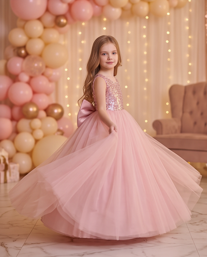 Girls Rose Gold Sequin Bodice Flower Girl Dress with Satin Bow & Tulle Skirt