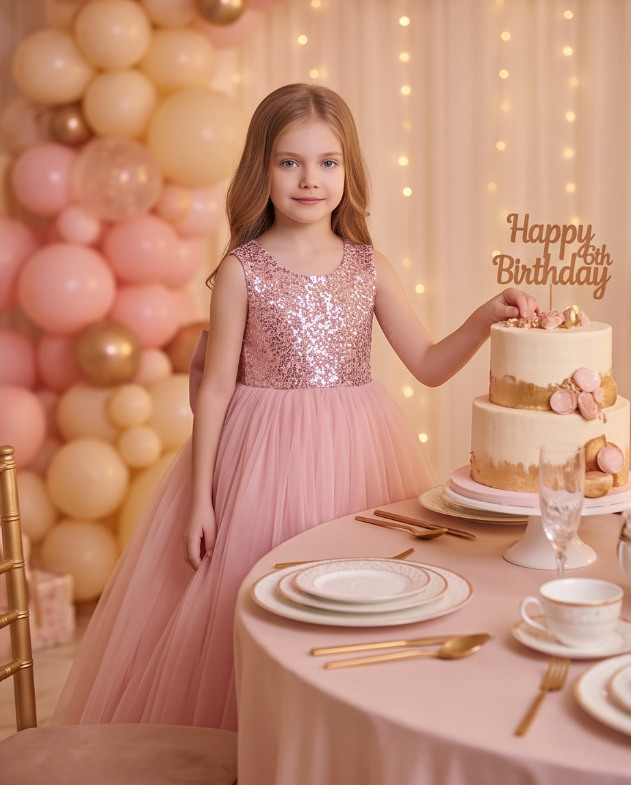 Girls Rose Gold Sequin Bodice Flower Girl Dress with Satin Bow & Tulle Skirt