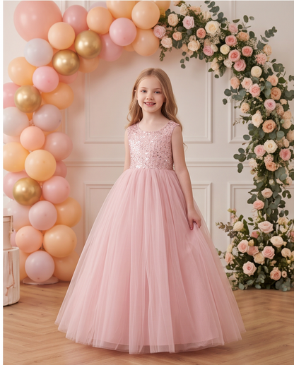 Girls Rose Gold Sequin Bodice Flower Girl Dress with Satin Bow & Tulle Skirt