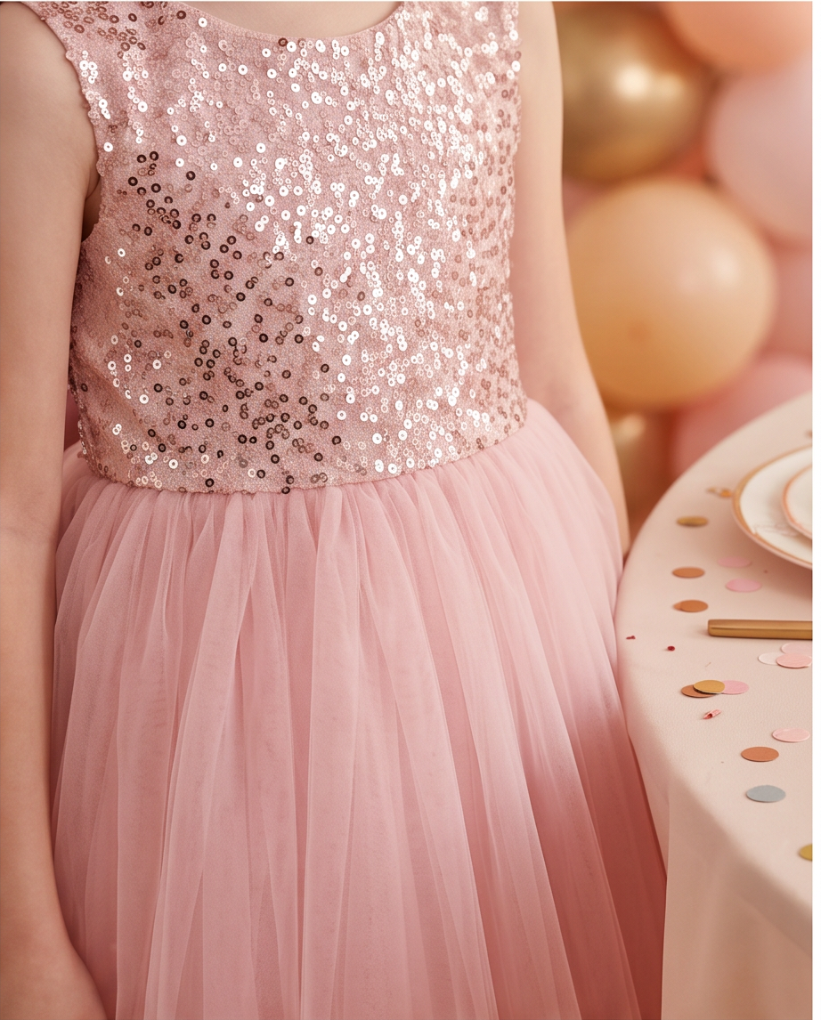 Girls Rose Gold Sequin Bodice Flower Girl Dress with Satin Bow & Tulle Skirt