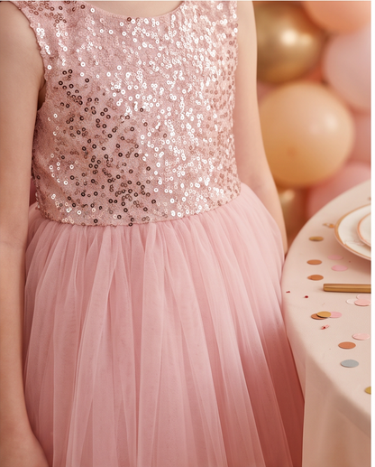 Girls Rose Gold Sequin Bodice Flower Girl Dress with Satin Bow & Tulle Skirt