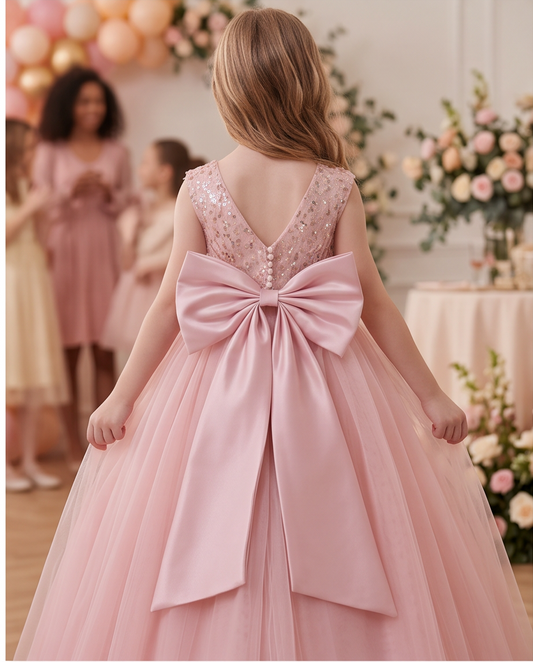 Girls Rose Gold Sequin Bodice Flower Girl Dress with Satin Bow & Tulle Skirt