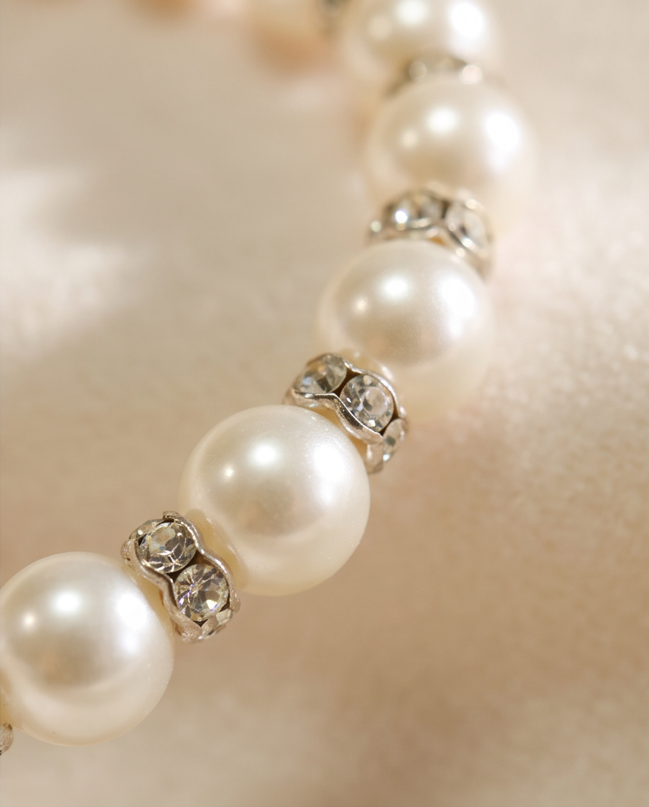 Pearl and crystal bracelet set styled on marble vanity