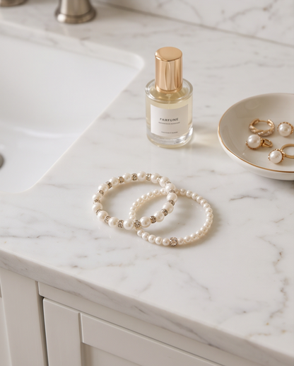 Aurora Collection pearl bracelet set with label on white background