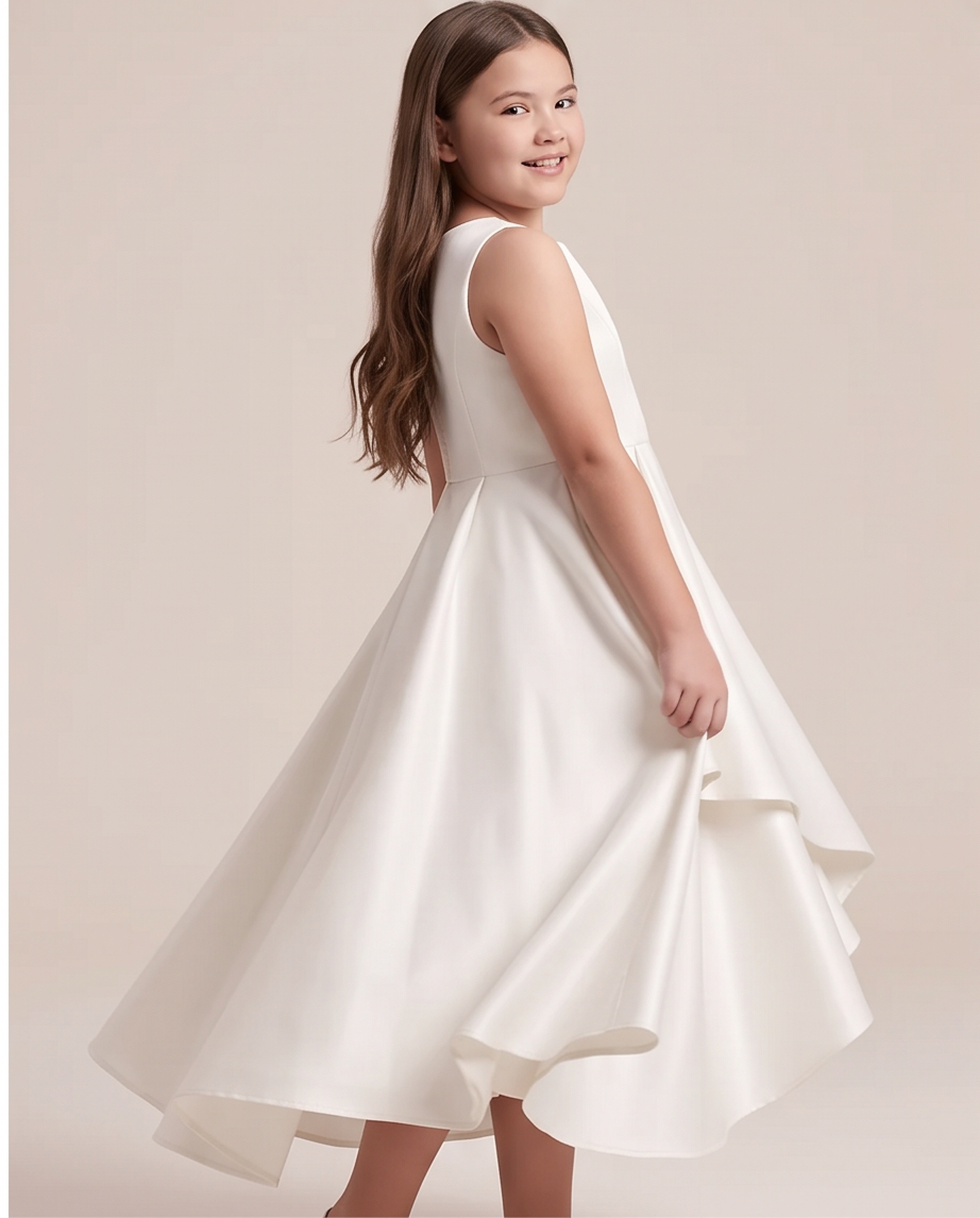 girl wearing white satin and lace communion dress