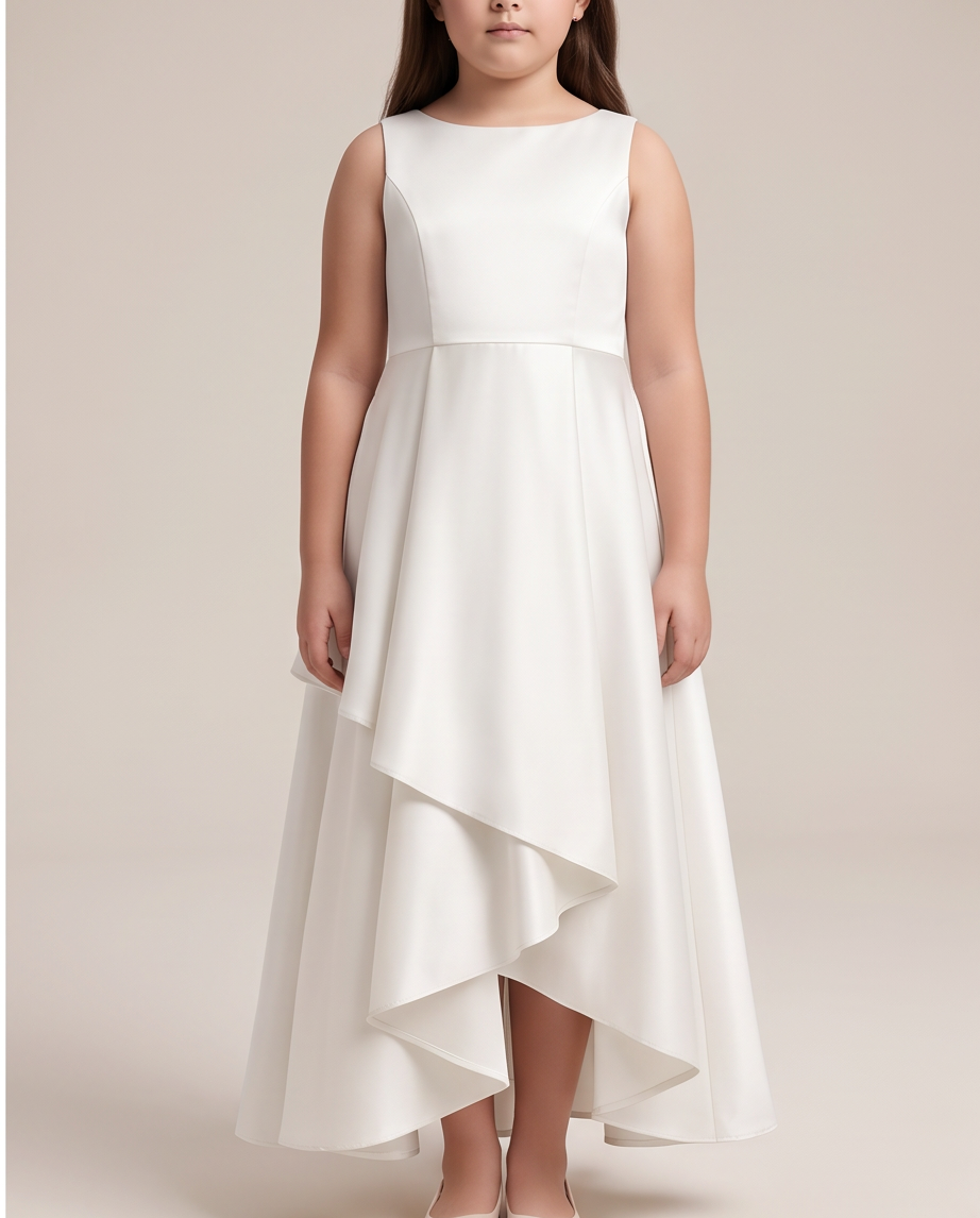 girl wearing white satin and lace communion dress