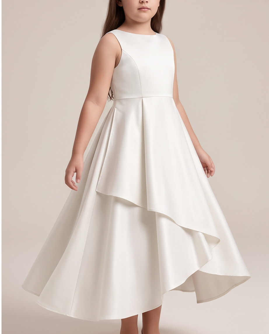 girl wearing white satin and lace communion dress