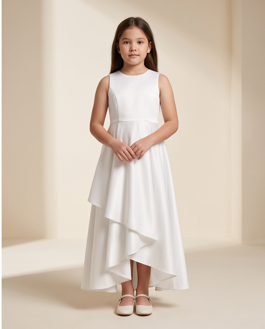 girl wearing white satin and lace communion dress