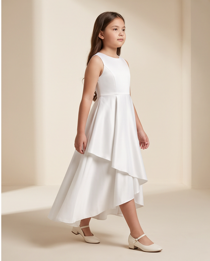 girl wearing white satin and lace communion dress