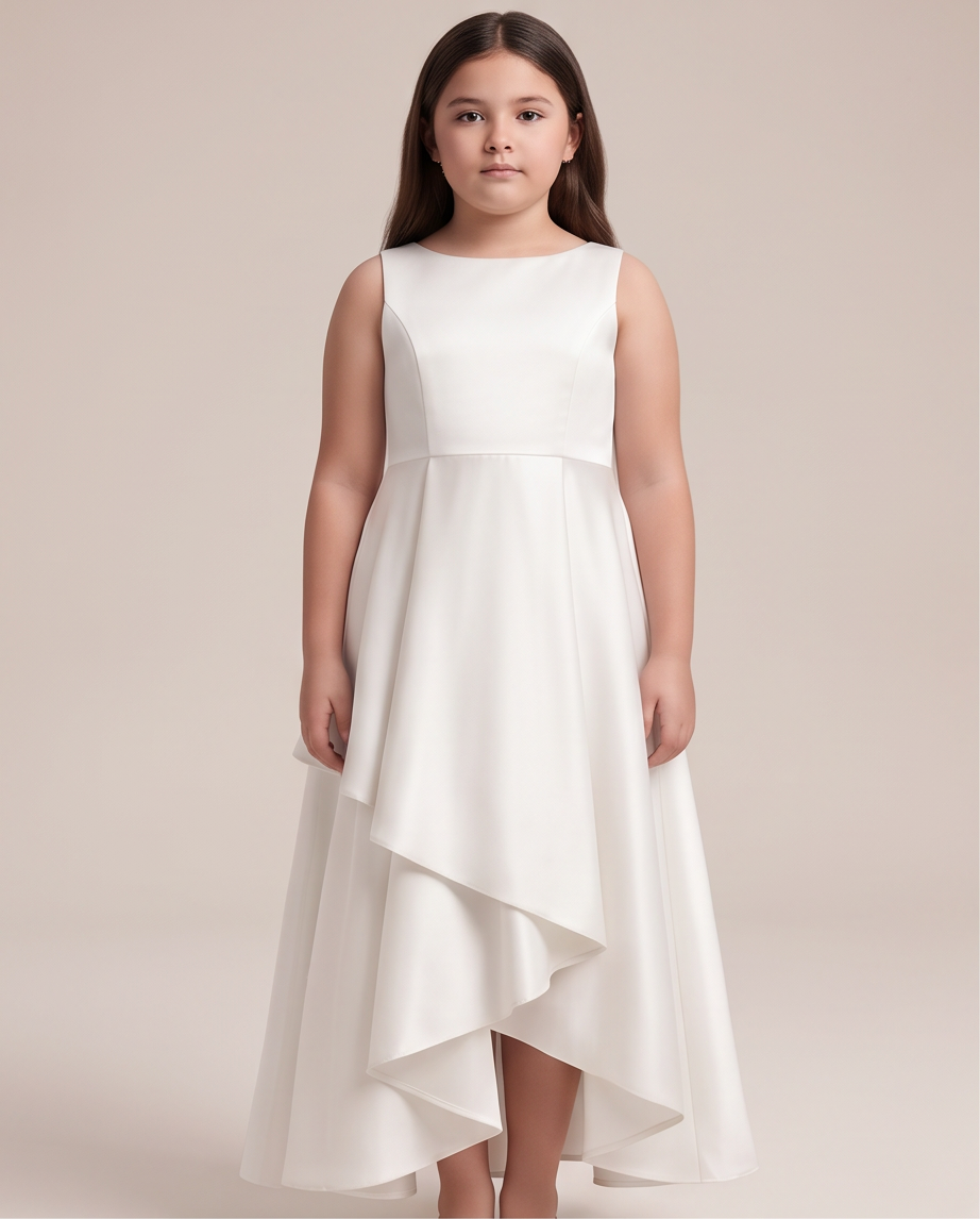 girl wearing white satin and lace communion dress