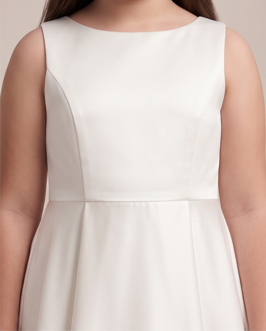 girl wearing white satin and lace communion dress
