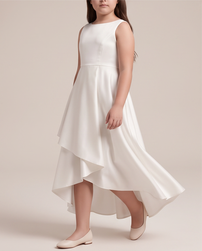 girl wearing white satin and lace communion dress