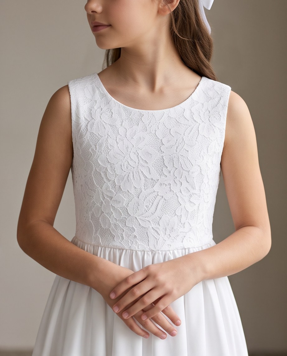 girl wearing white satin and lace communion dress