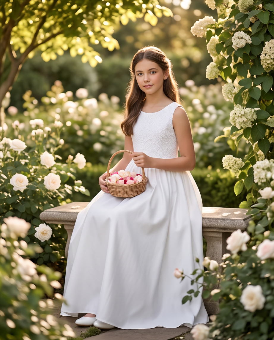 girl wearing white satin and lace communion dress