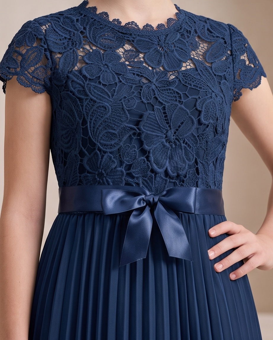 A navy blue lace and satin dress shown on a model, featuring a floral lace bodice, short cap sleeves, a matching satin waist bow, and a pleated skirt.