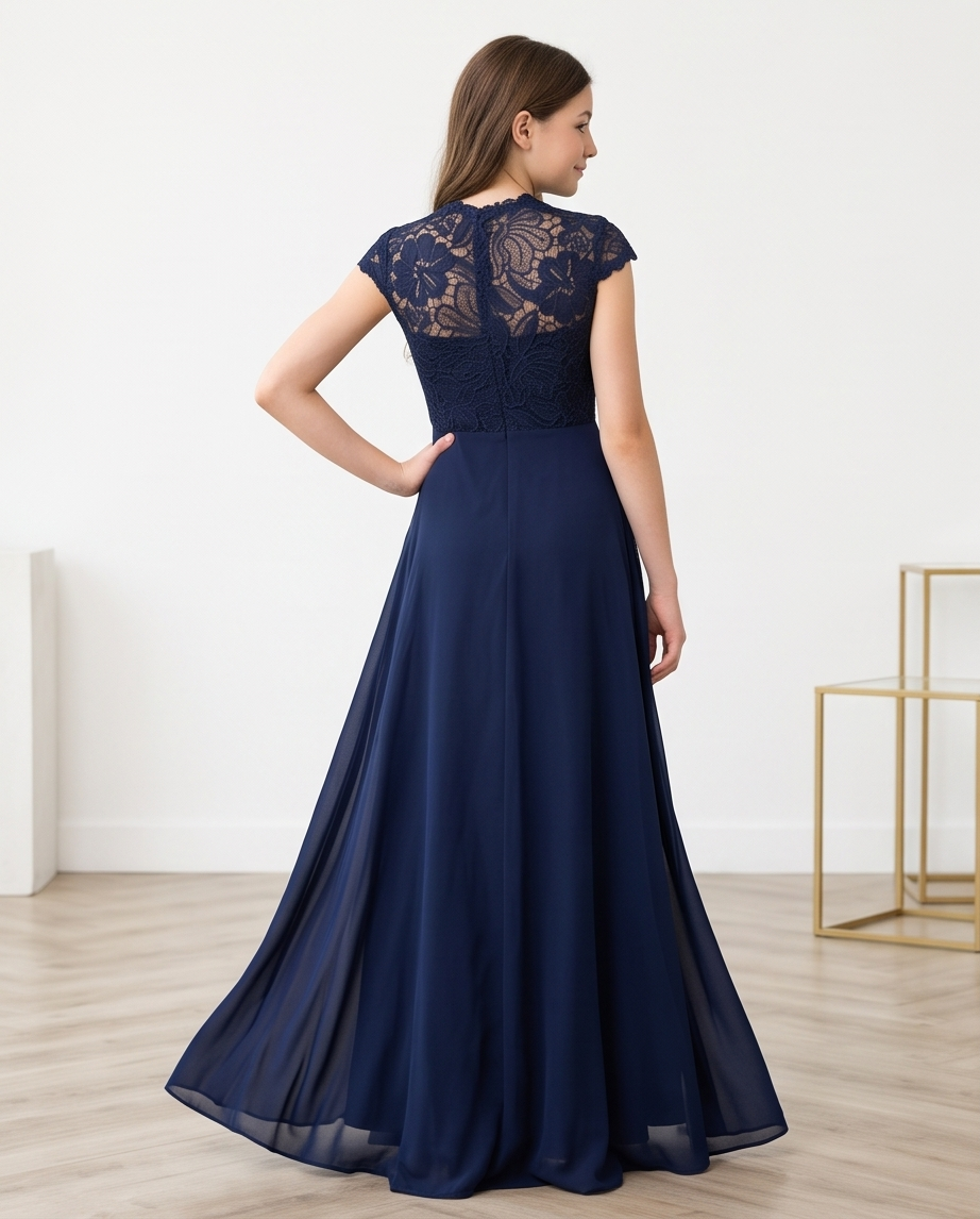 A woman modeling a navy blue floor-length gown from the back, featuring a lace back bodice and cap sleeves, in a bright indoor room with light wood floors.
