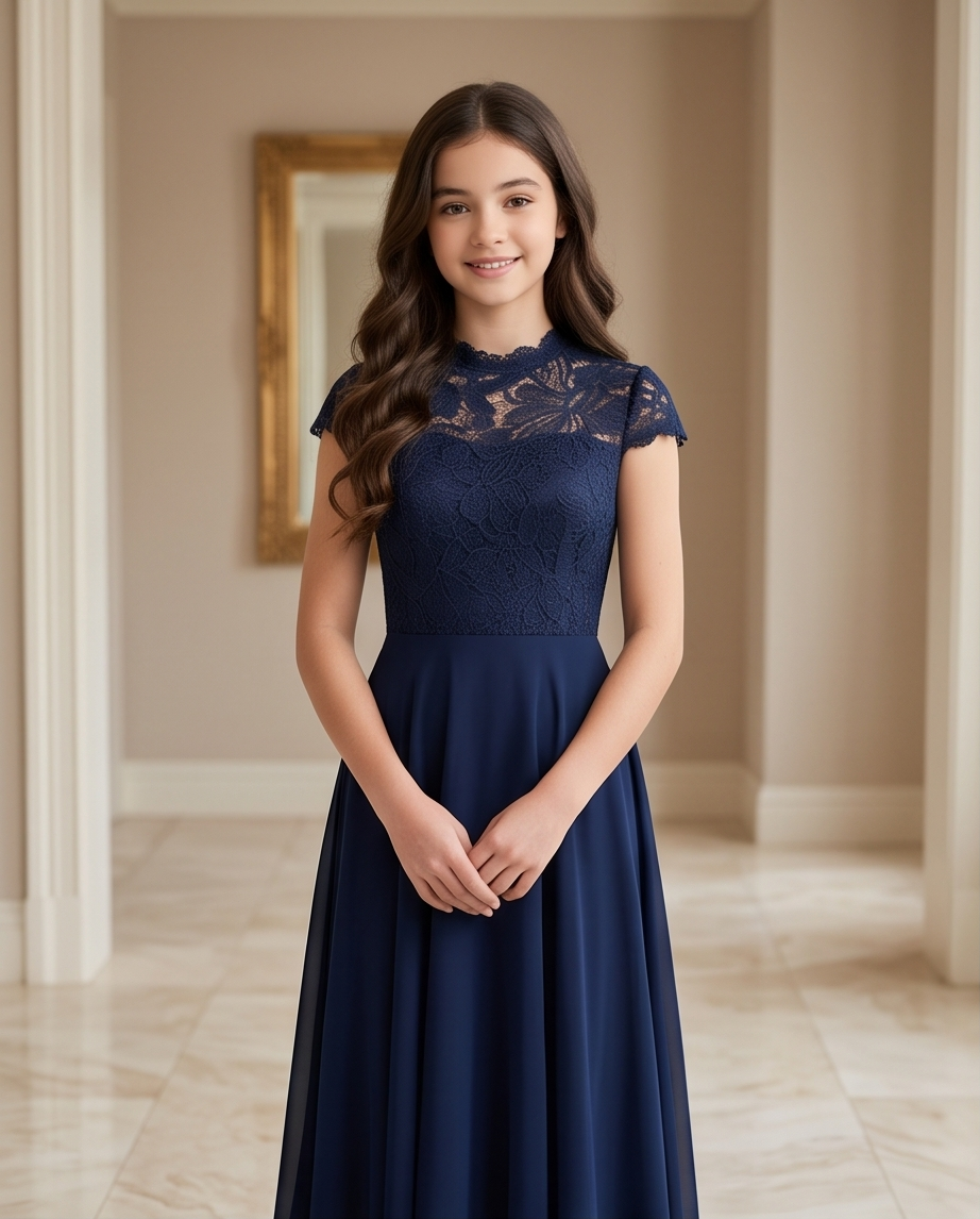 A young girl with long brown hair stands in a hallway wearing a navy blue formal dress with a lace bodice and a flowing skirt.