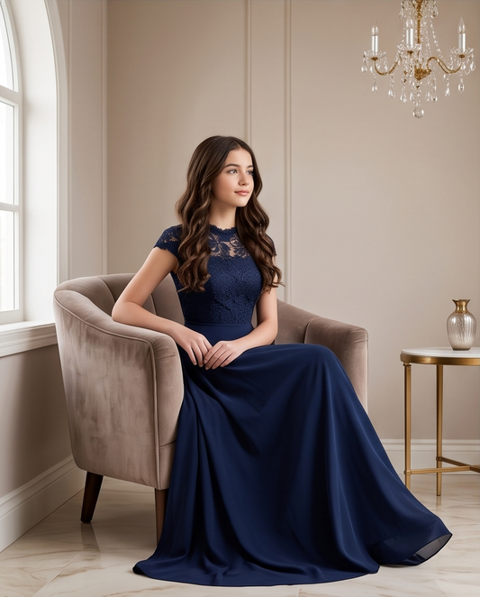 A woman sits in a beige armchair in a elegant room, wearing a navy blue formal gown with lace detailing on the bodice and sleeves. A gold side table and chandelier are visible in the background.