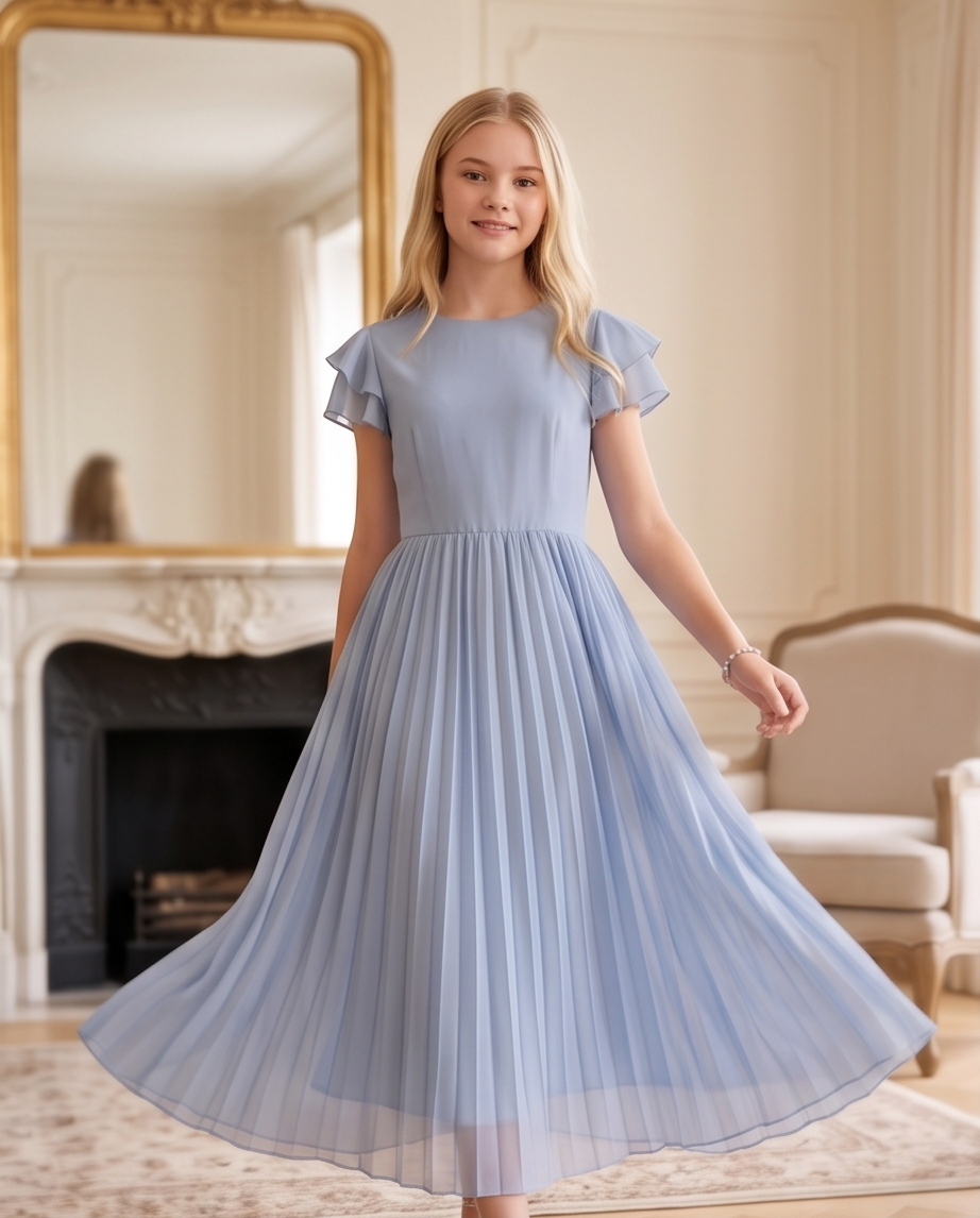Close-up of the light blue bodice and flutter sleeves