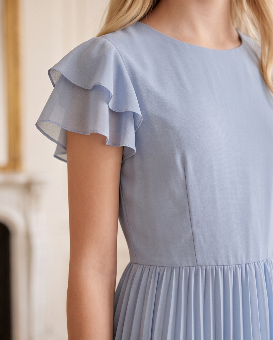 Full view of a girl wearing a flowing light blue pleated dress