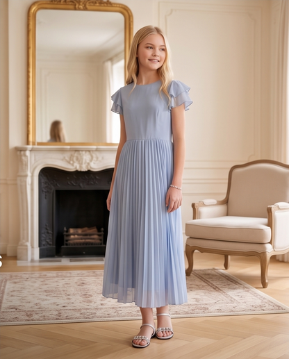 Close-up of the flutter sleeve and bodice detail on a blue dress